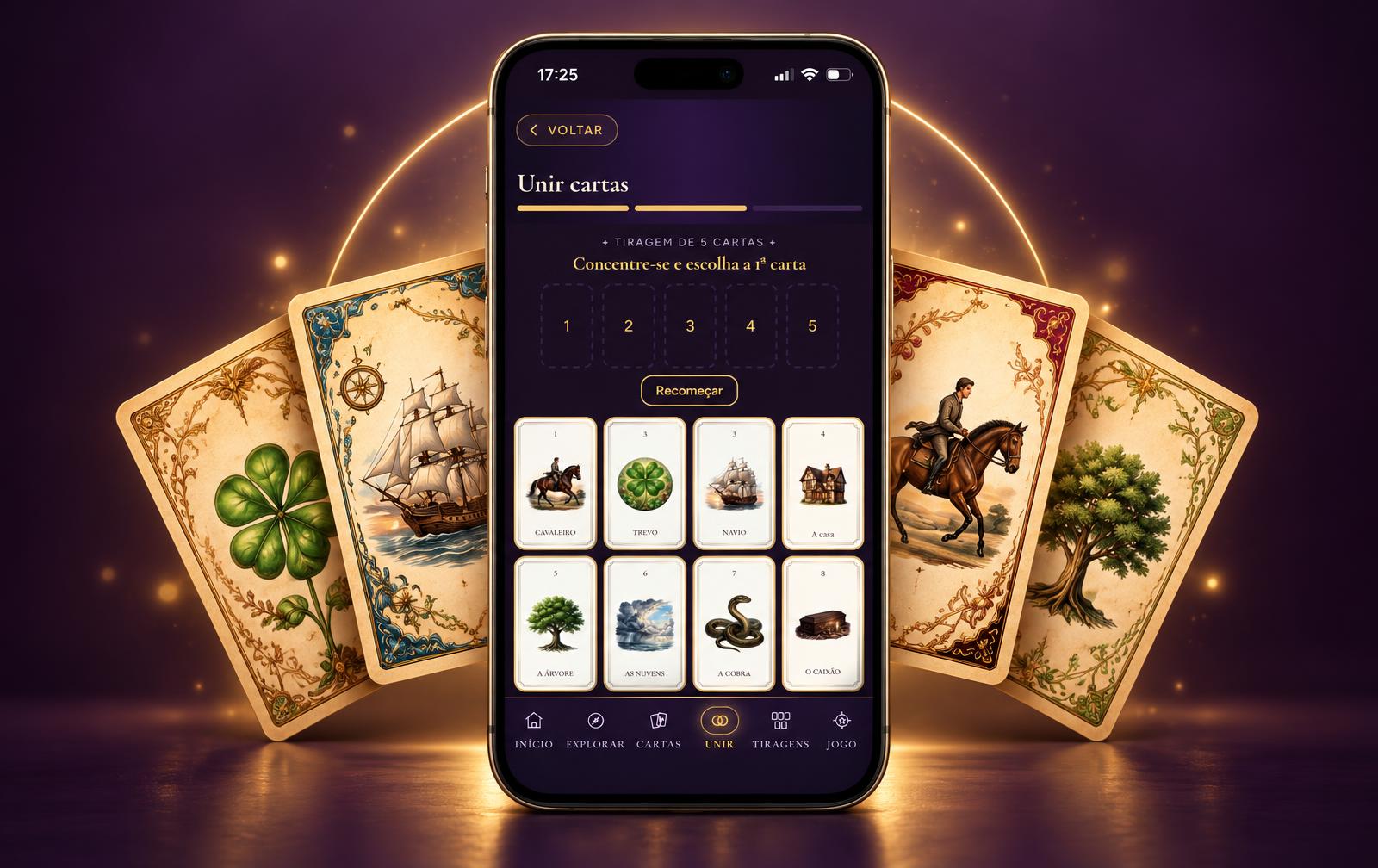 App Chave do Oráculo em dois celulares, com a carta do dia e a união de cartas, cercados pelas cartas de estudo ilustradas